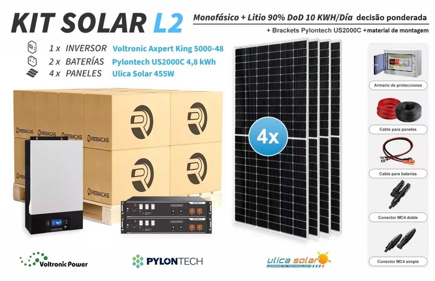 kit solar de lítio L2 10 kwh dia Pylontech 4,8kwh 90%DOD