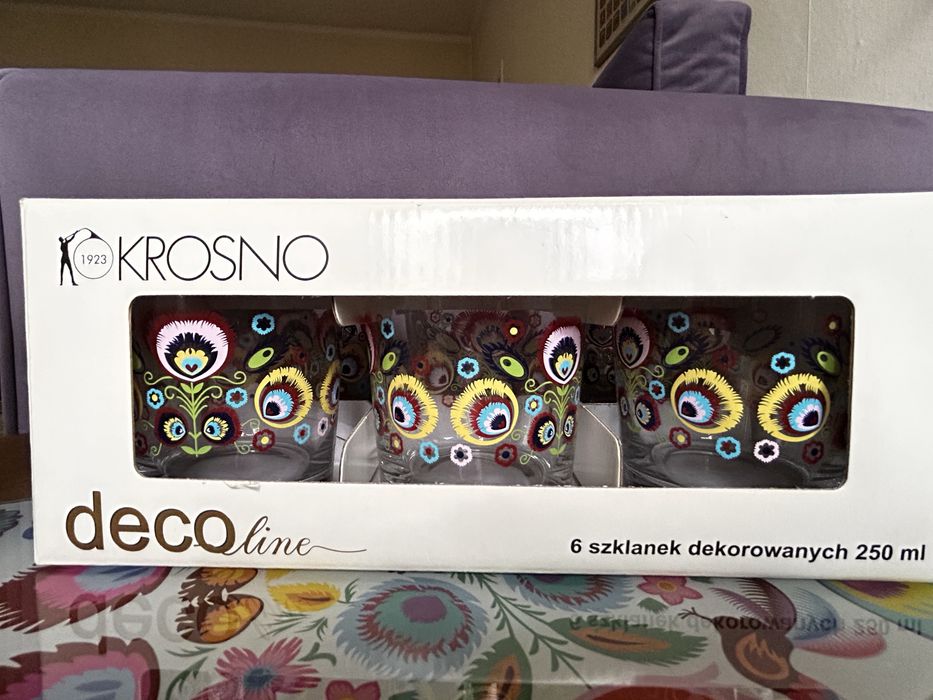 Szklanki, karafka i szklana tacka KROSNO w piekny łowicki wzor