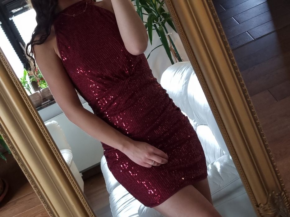 Bordowa sukienka z cekinów, błyszcząca cekinowa sukienka na sylwestra