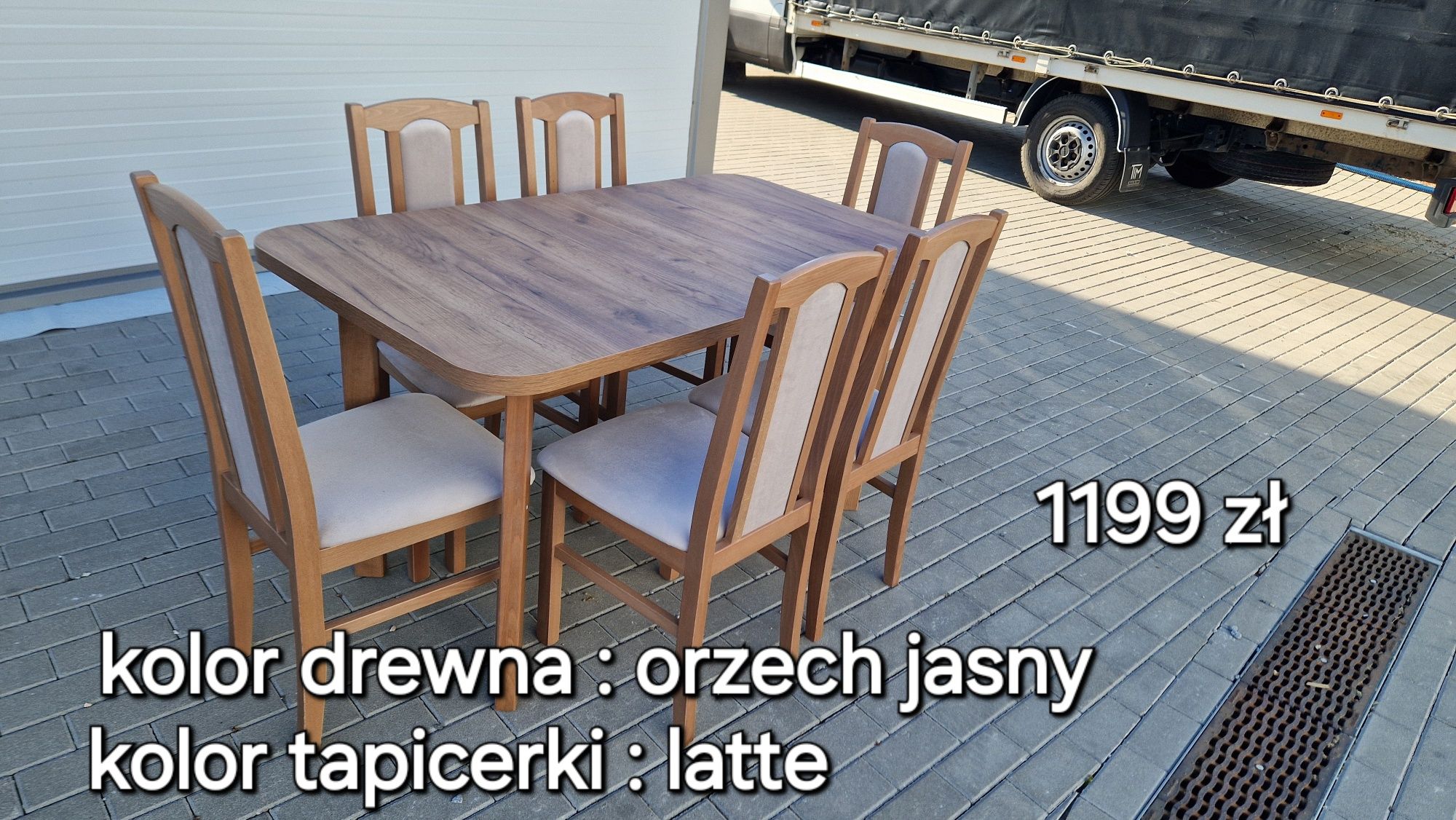 Nowe: Stół 80x140/180 + 6 krzeseł, ORZECH JASNY + LATTE, dostawa PL