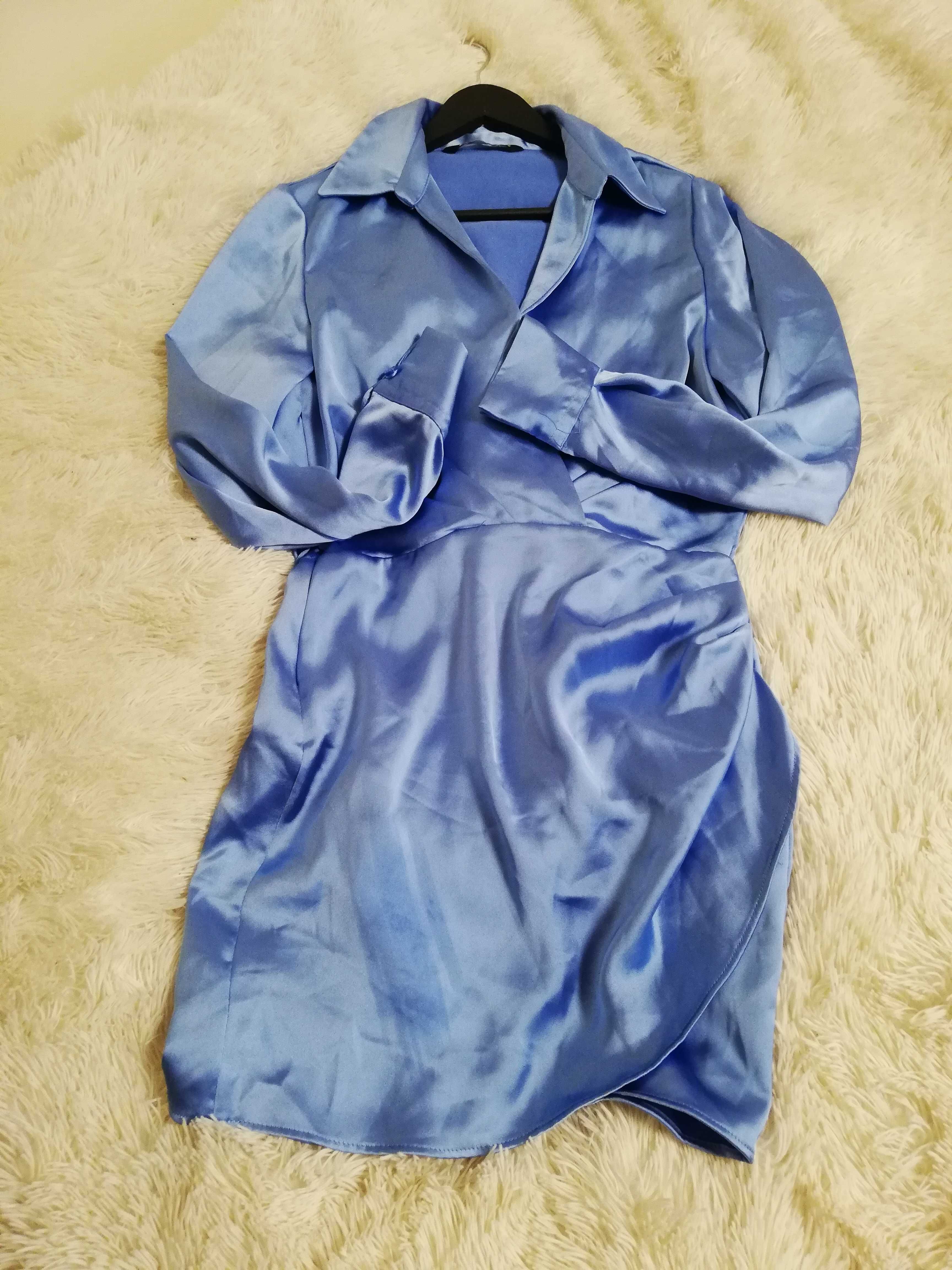 sukienka satynowa Zara S 36 błękit cudowna sexy marszczona na boku