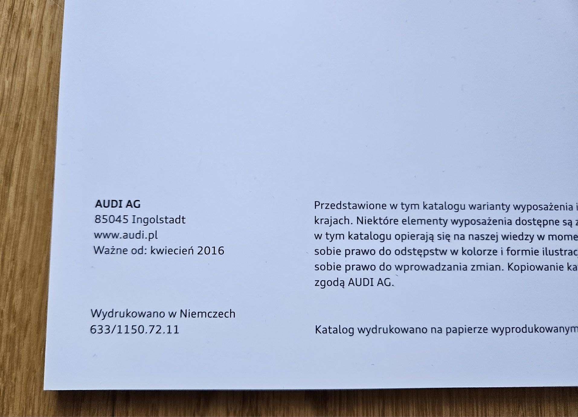Prospekt Audi A7 S7 z kwietnia 2016 roku format A4