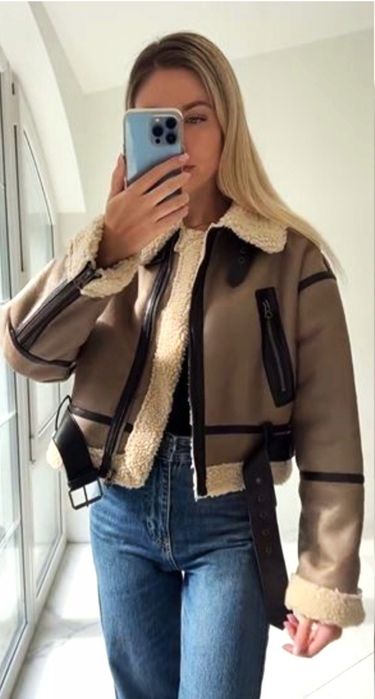 Zara kożuch L 40 pilotka kurtka brązowy biker