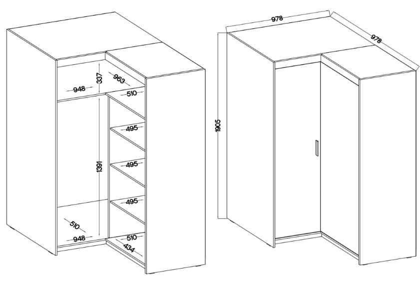 Szafa garderoba narożna ELENA 98x98 z półkami, drążkiem