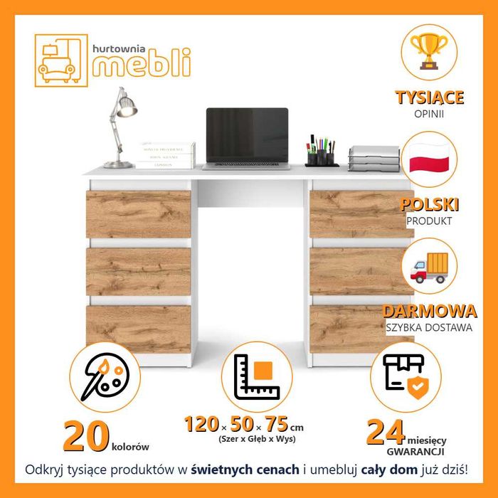 Biurko Szkolne Komputerowe Do Biura Ofi 120cm Nowoczesne 6 Szuflad