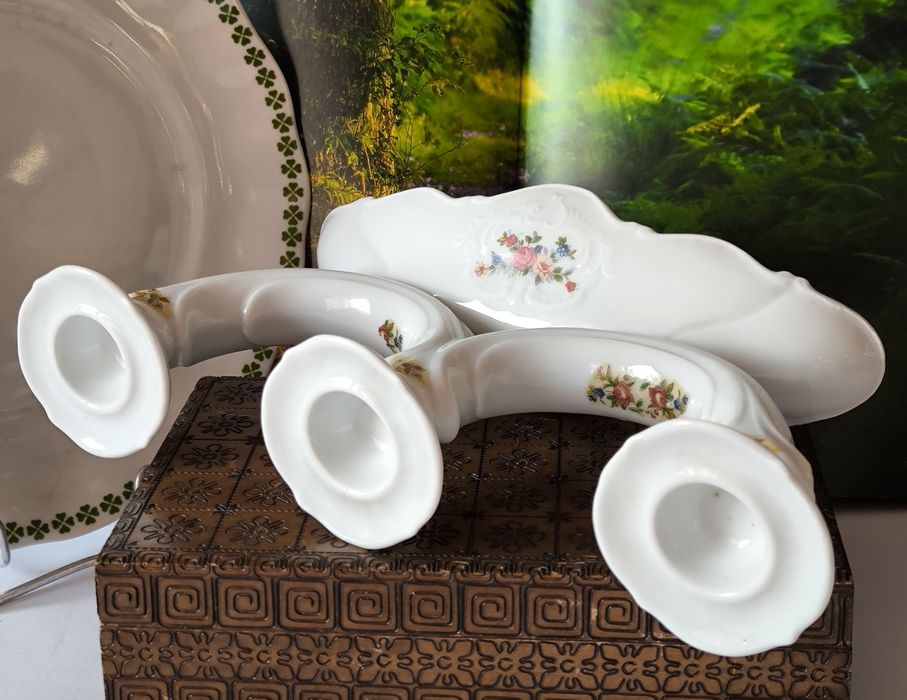 Świecznik kwiaty piękna stara porcelana