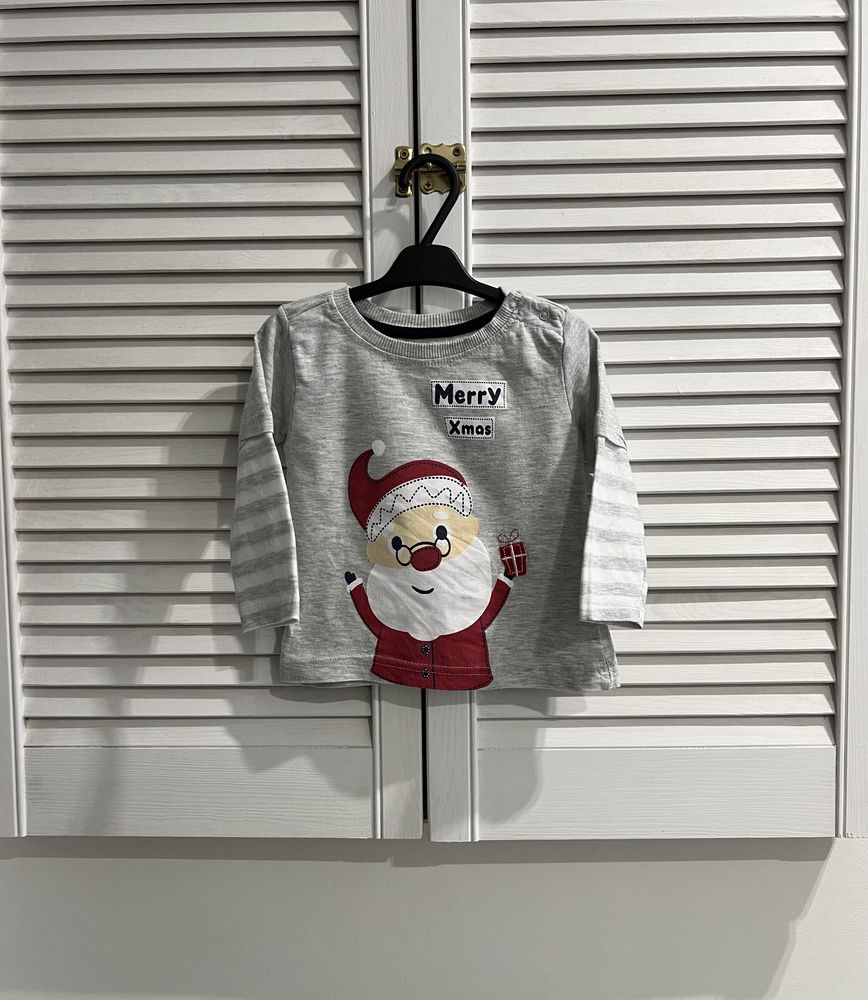 Bluzka świąteczna Pepco r.80 długi rękaw Merry Xmas Mikołaj