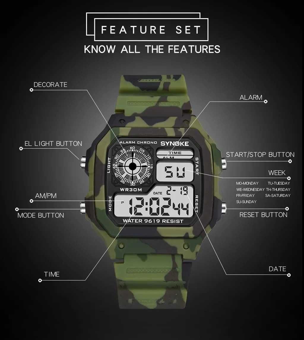 Wojskowy kamuflaż zegarek Synoke męski elektroniczny cyfrowy LED camo