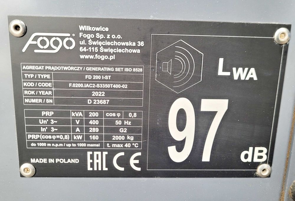 Agregat prądotwórczy IVECO FD 200 I-ST 200 220KVA Fogo