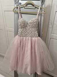 Pudrowa różowa suknia balowa slub wesele M perly tiulowa zdobiona