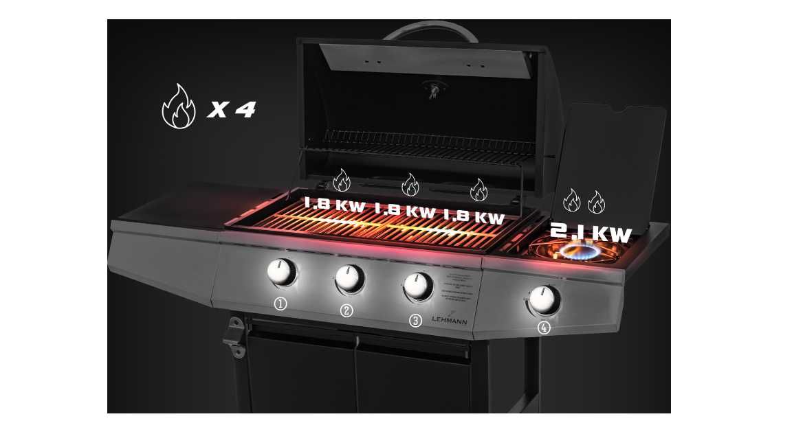 Grill gazowy ogrodowy żeliwny Lehmann Texas ruszt 3+1 czarny, srebrny
