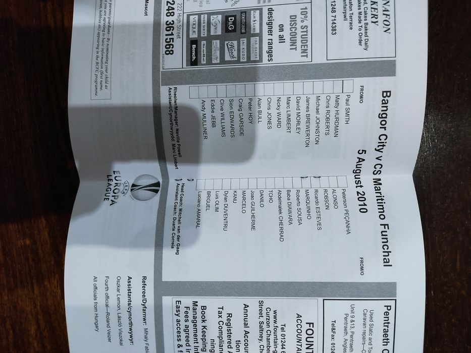 Programa oficial Bangor Marítimo Europa league 2010/11