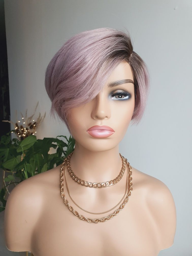 Peruka z włosów naturalnych blond szary fiolet pastelowy róż Felicja