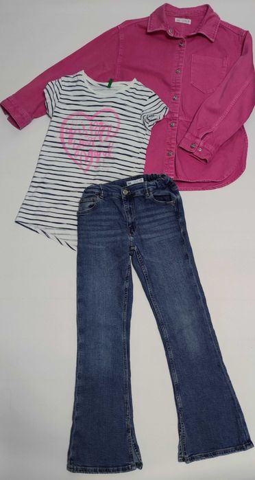 Zestaw Zara 146 152 kurtka oversize jeans dżinsy dzwony koszulka