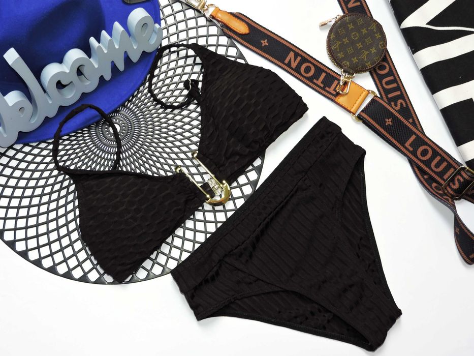 Shein Sexi czarny tłoczony strój kąpielowy złota blaszka XS