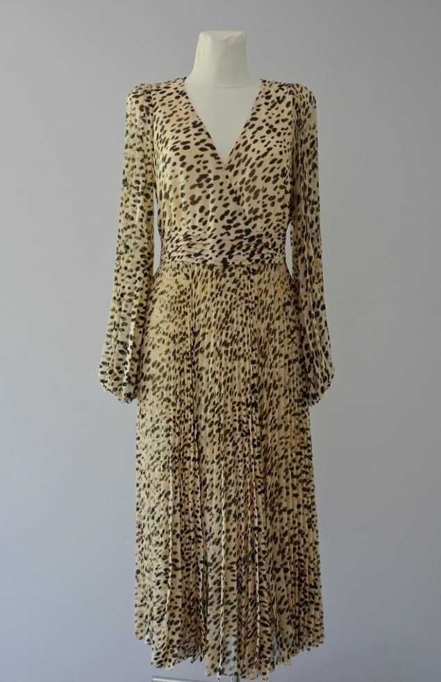 H&M beżowa plisowana sukienka cętki panterka pleated long dress 36 S