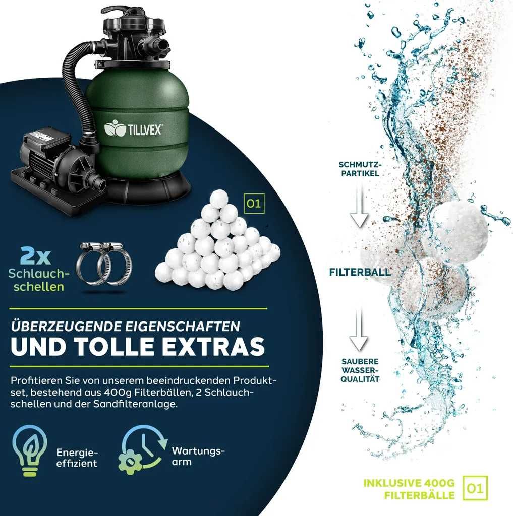 Filtrów piaskowy do basenu 7.900L/h z kulkami filtrującymi 400g