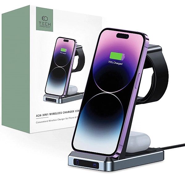 Ładowarka Tech-Protect QI15W-A26 indukcyjna 15W 3w1 na smartfon / słuc