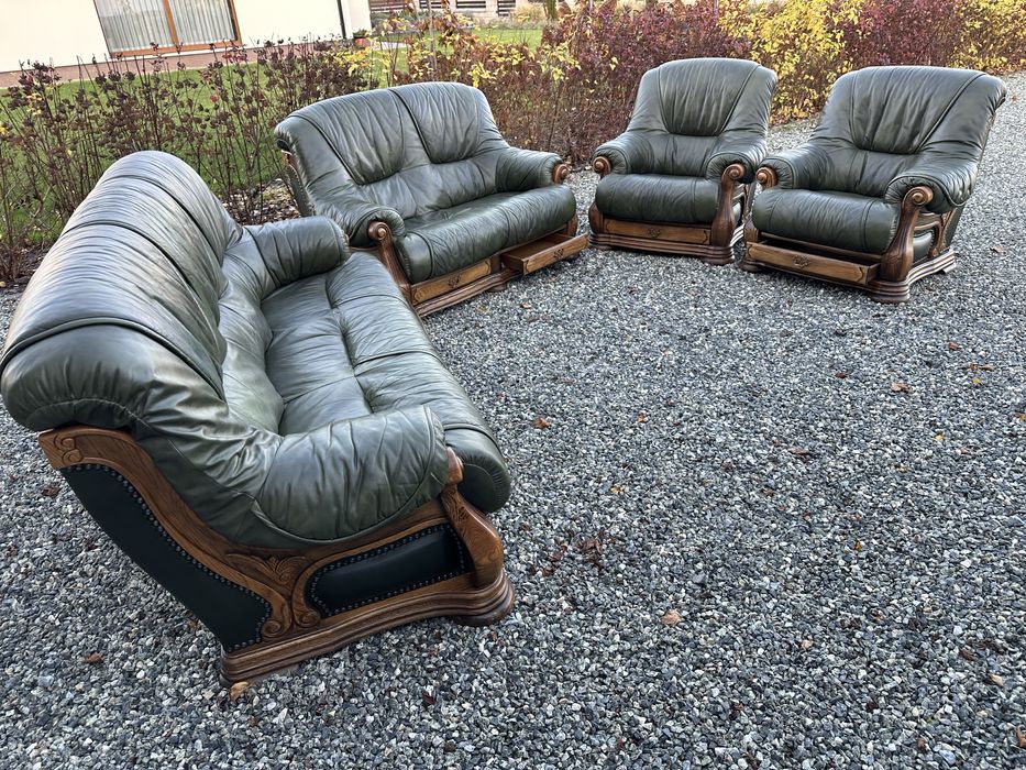 Masywny wypoczynek ze skóry na dębowym stelażu 3+2+1+1