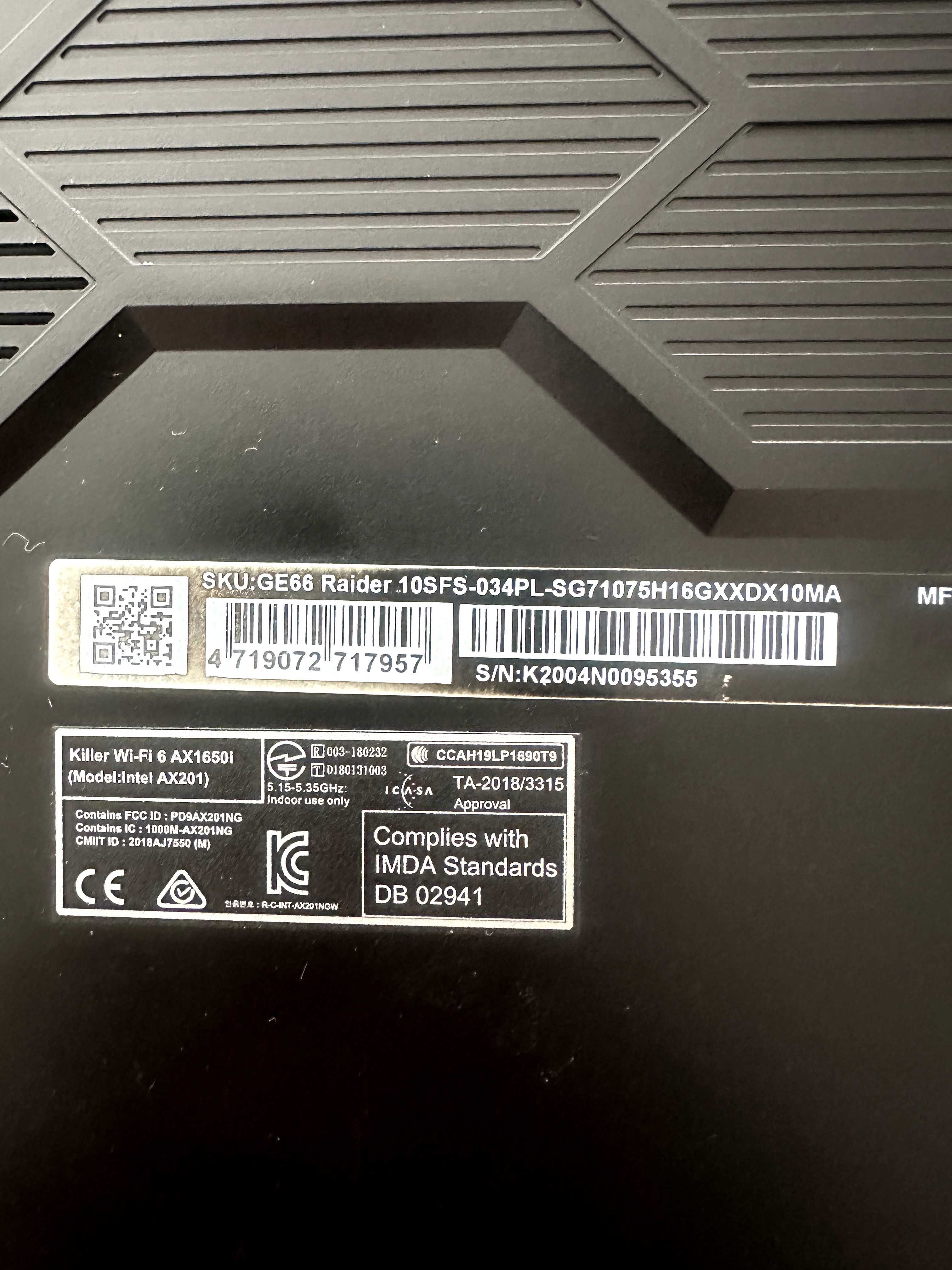 Laptop do gier MSI Raiders GE66 10SFS