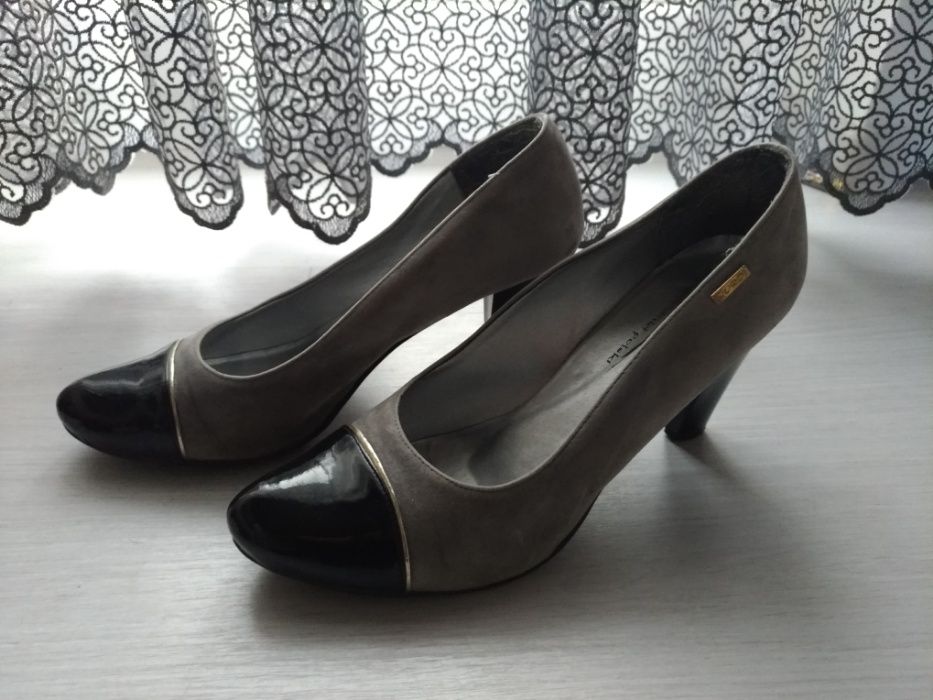 Buty na obcasie szpilki eleganckie szare z czarnymi wstawkami rozm. 40
