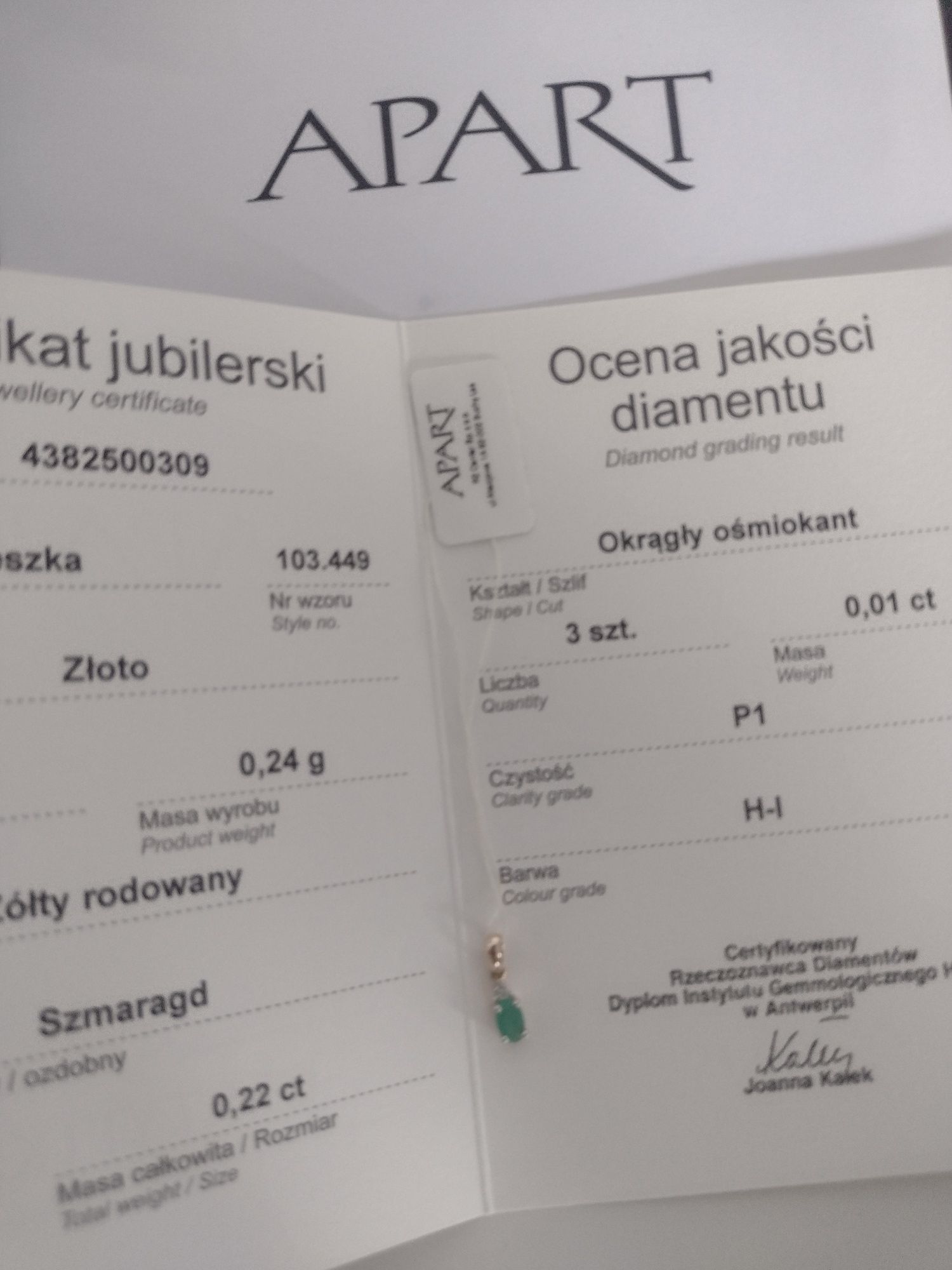 Zawieszka złota ze szmaragdem Apart