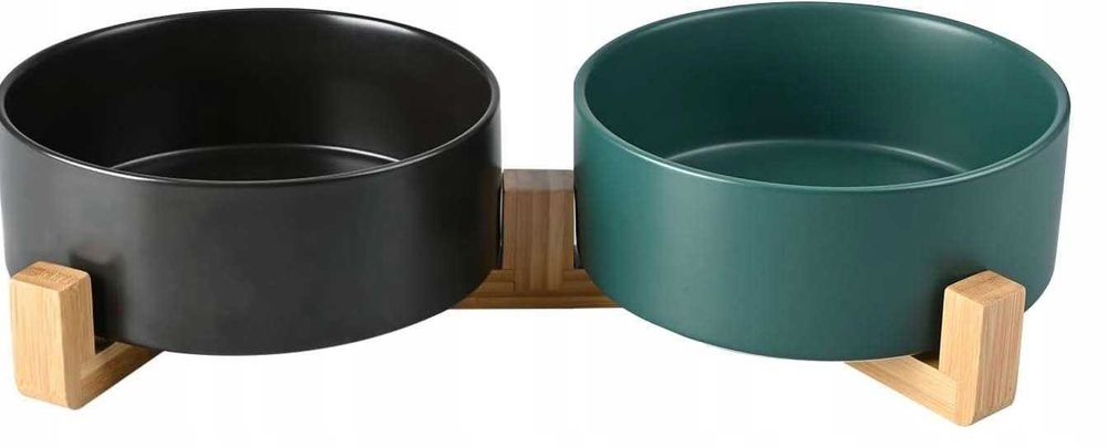 Miski ceramiczne dla psa kota z podstawką bambusową 2x 400ml