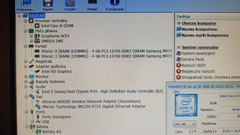 Laptop Asus K52J Intel Core i5 8GB RAM +zasilacz oryginalny bez dysku.