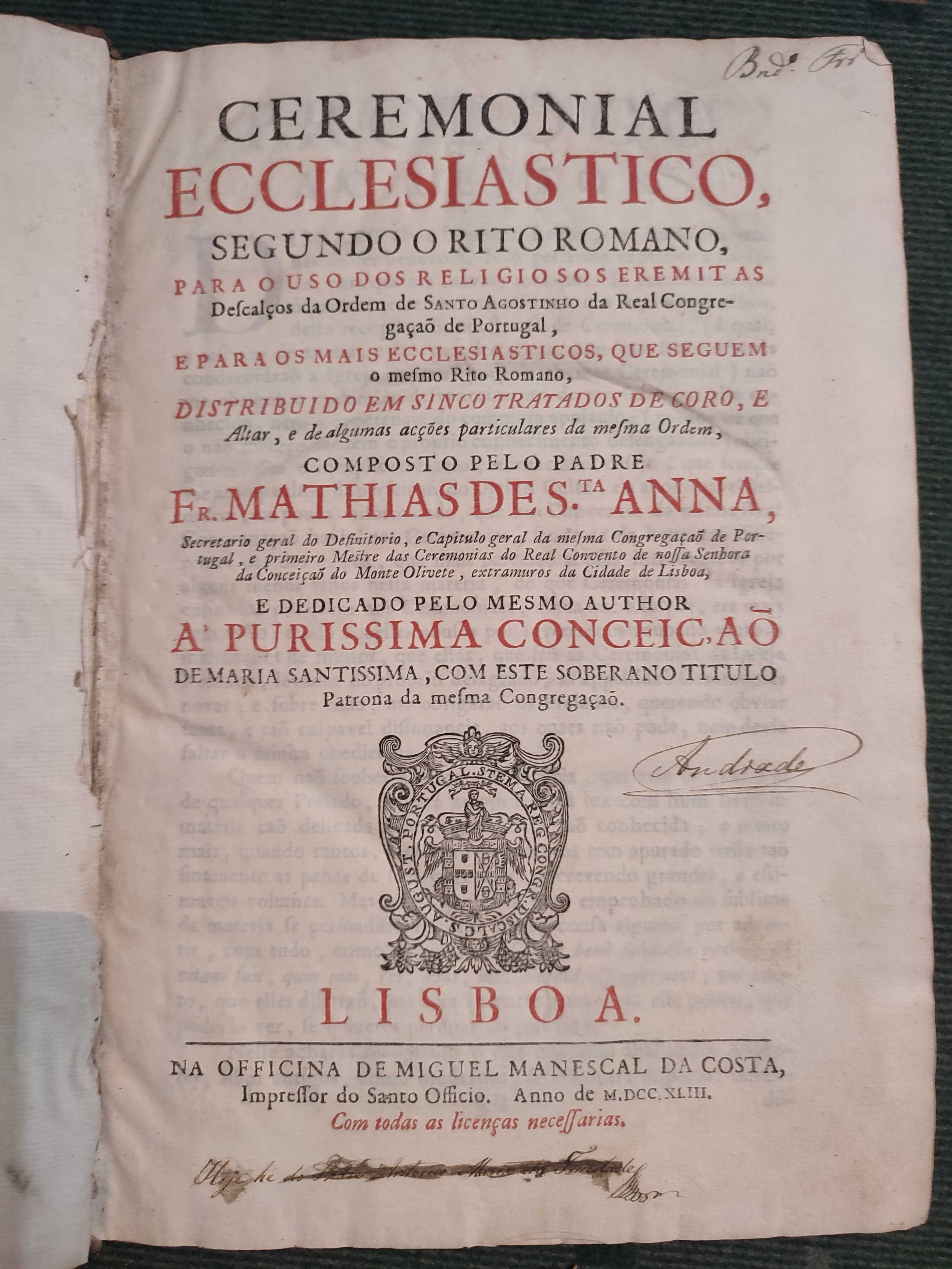 Ceremonial Eclesiástico segundo o Rito Romano - 1743
