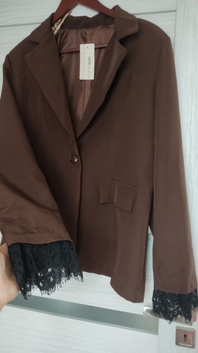 Marynarka L czekoladowy brąz brązowa z koronką