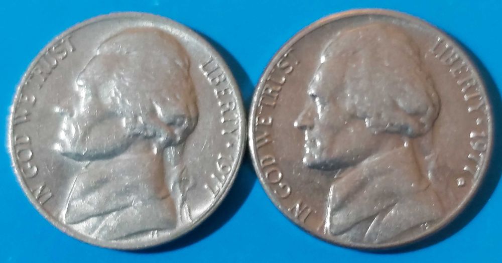 Lote de 2 Moedas  Five Cent de 1977 e 1977 *D*  USA, Thomas Jefferson