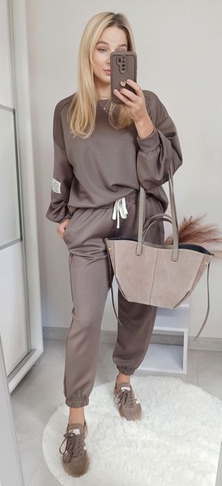 Azara komplet dres bluza spodnie fango brązowy mokka masełko wiskoza
