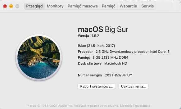 iMac 21,5" Intel i5 2,3 GHz, 8 GB DDR4, 1 TB HDD - bardzo zadbany