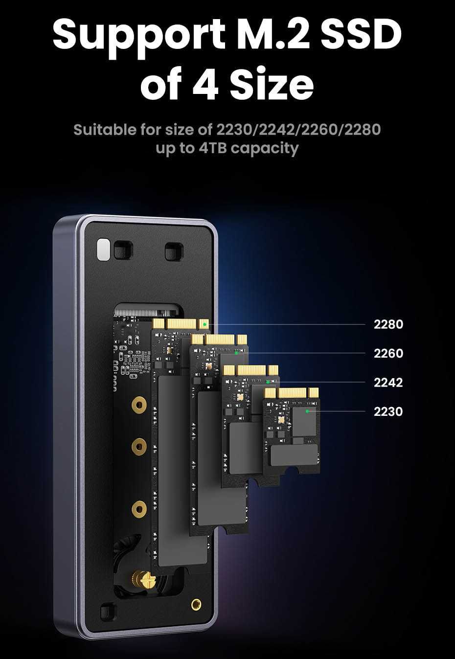 Карман для SSD M2 NVMe 20 Гбит/с Type-C USB 3.2 Gen 2 UGREEN алюминий