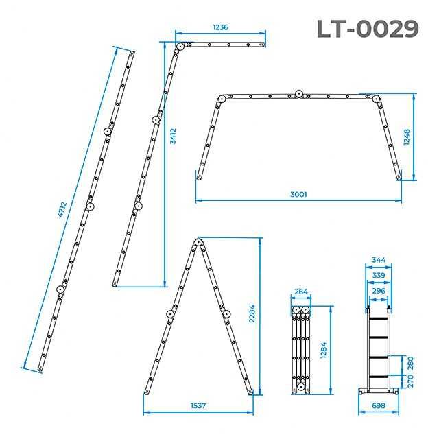 Драбина алюмінієва трансформер 4*4 сходинки, 4,7 м. INTERTOOL LT-0029.