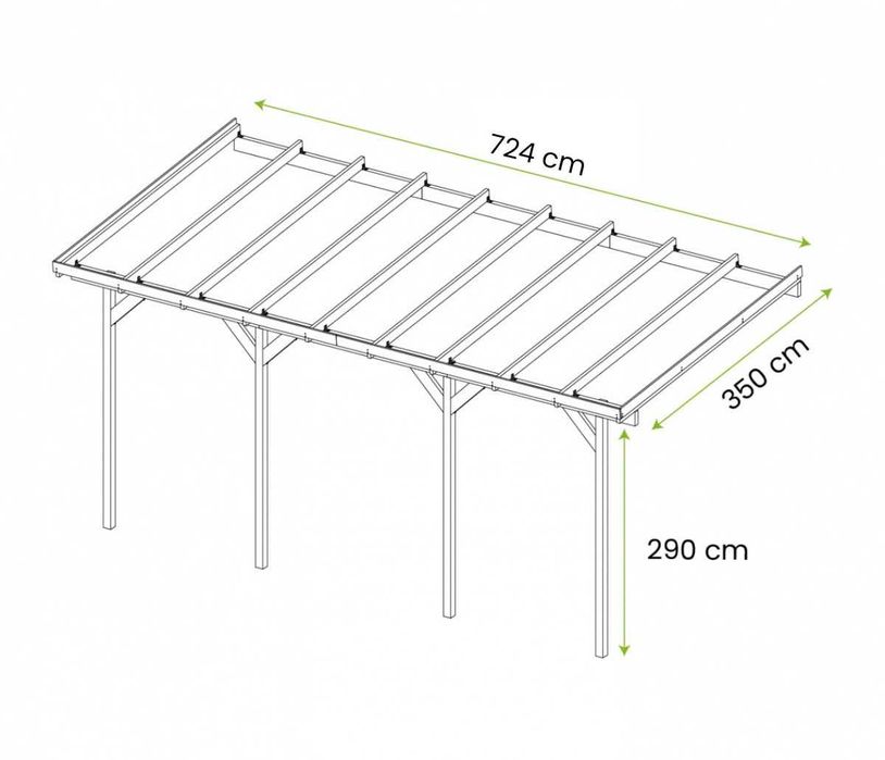 Wiata przyścienna garażowa drewniana 350 x 724 cm