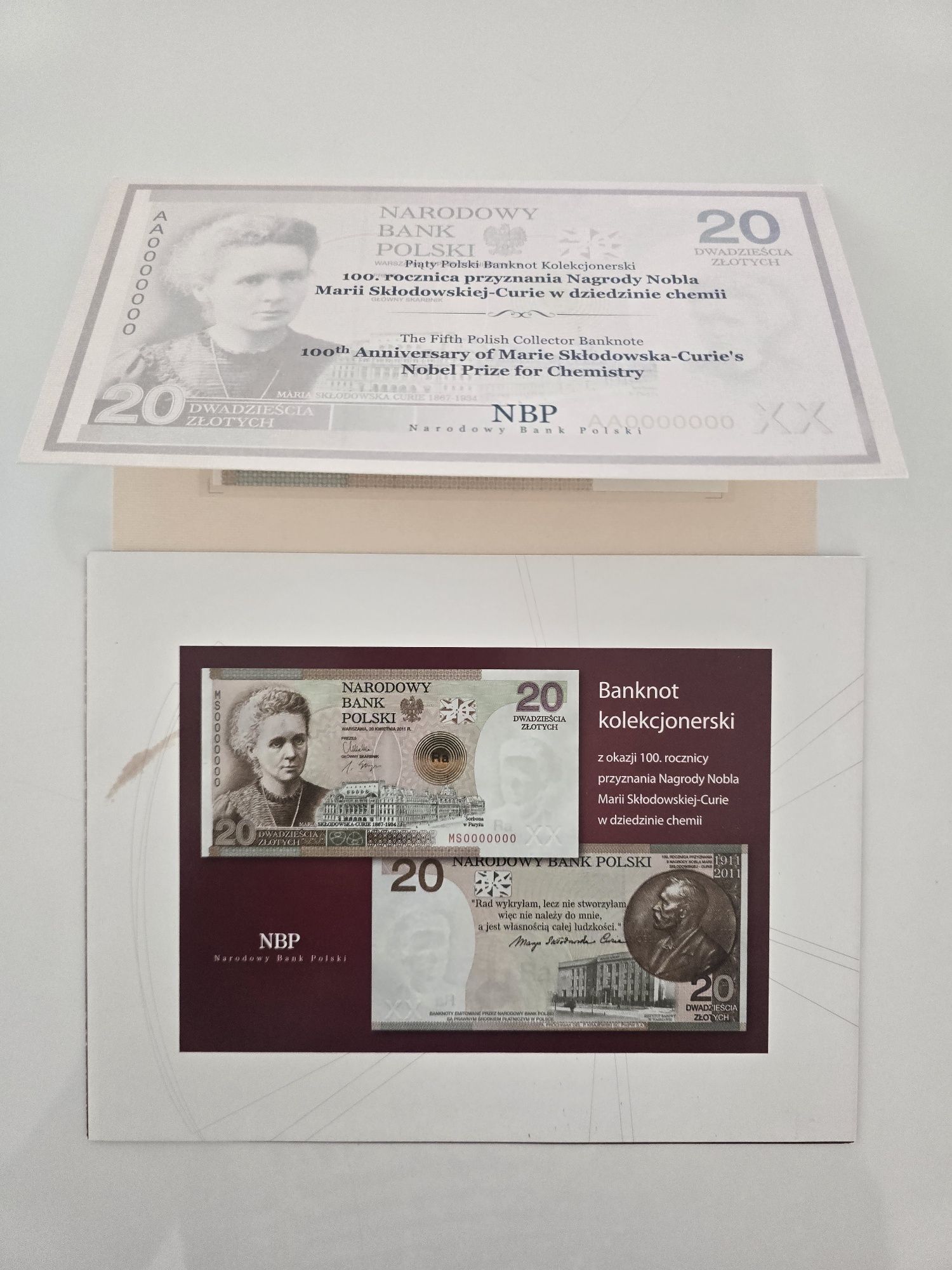 Banknot kolekcjonerski 20zł NBP Maria Skłodowska-Curie