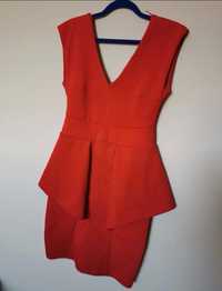 Sukienka baskinka czerwona mini dekolt v serek ołówkowa S koktajlowa