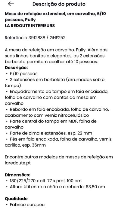 Mesa extensivel de carvalho  (180 a 270 cm)