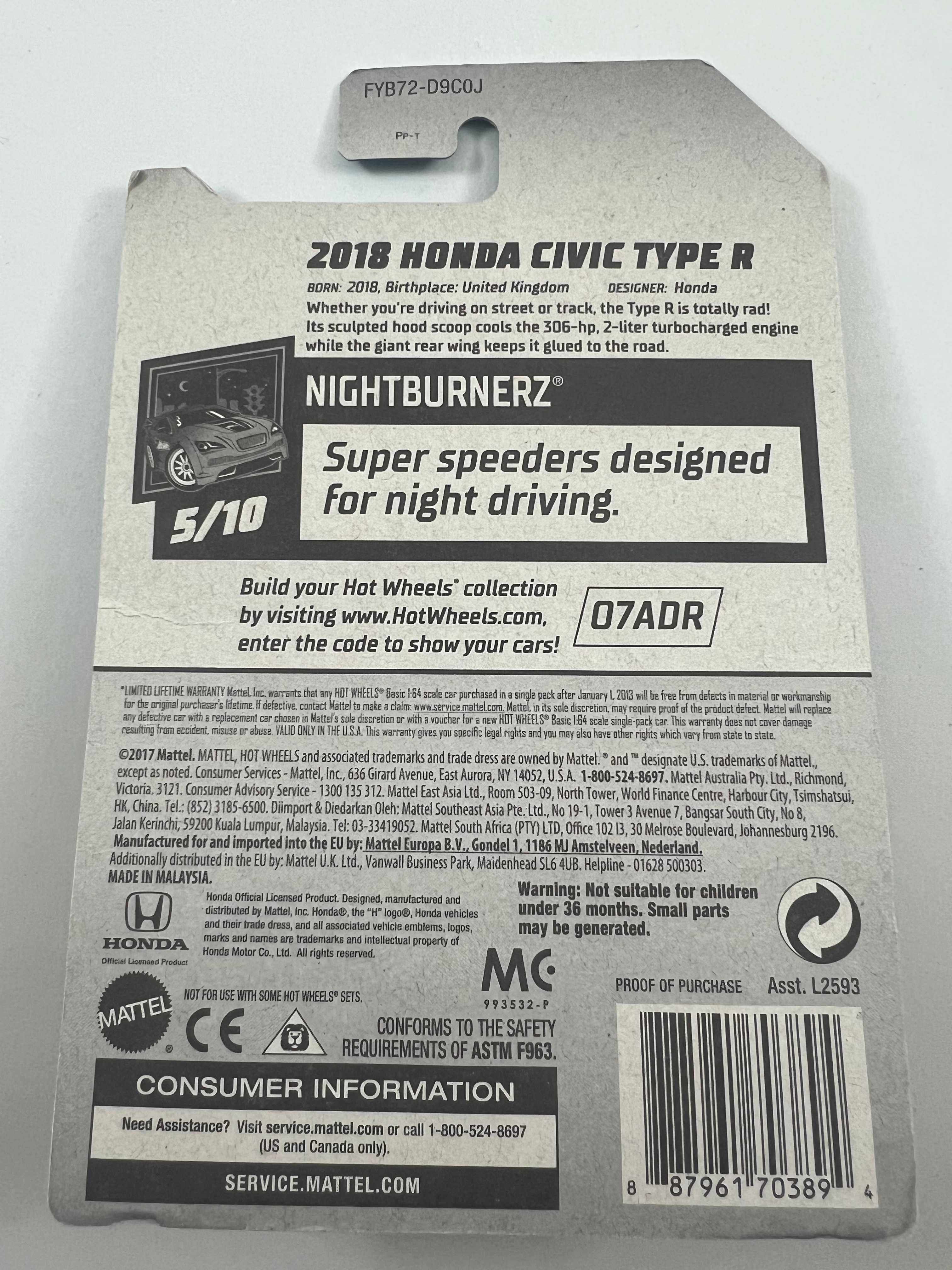 Hot Wheels Honda Civic Type R (2018) "Night Burnerz" 5/10 - Ref.  W001