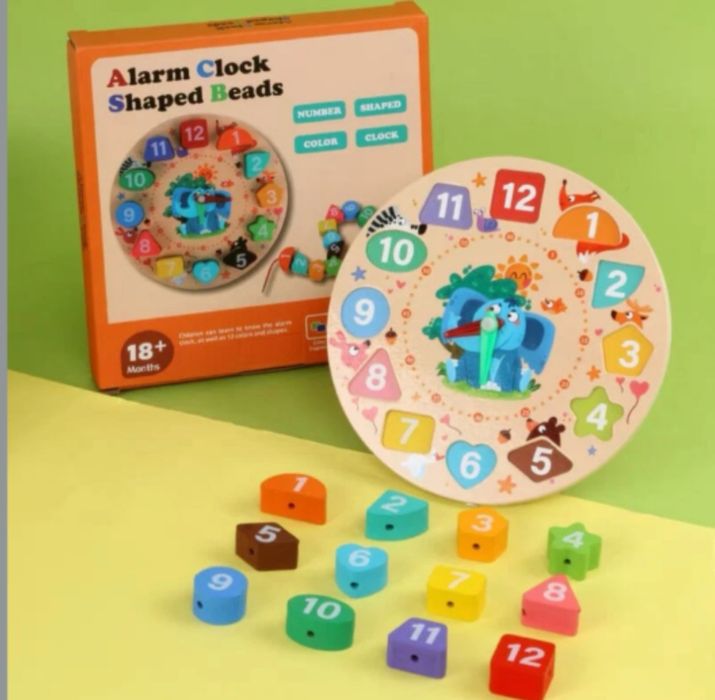 Дерев'яний годинник 2 в 1 сортер шнурівка шнуровка геометричні фігури