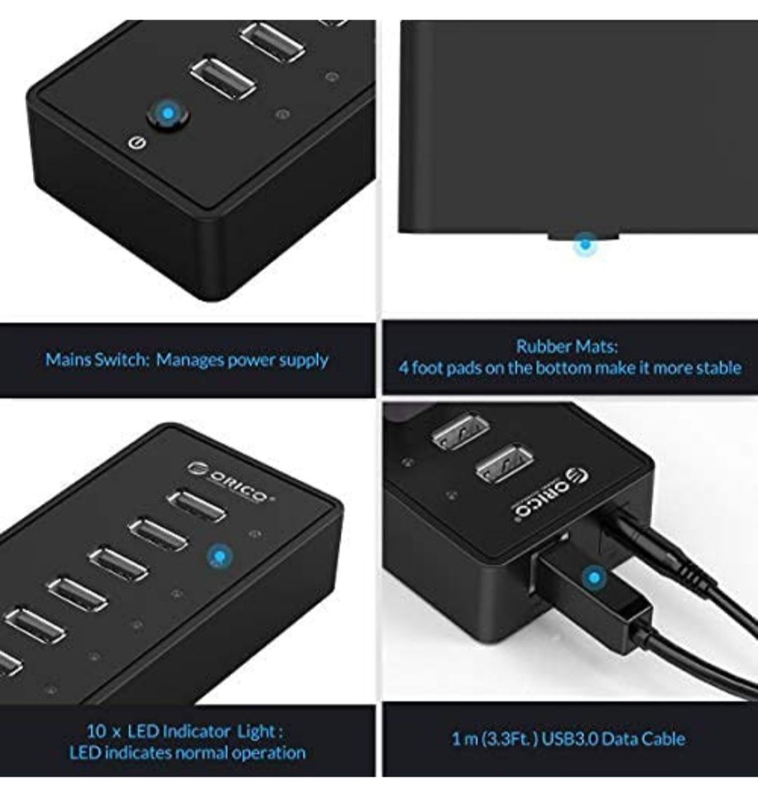 Hub USB com alimentação ORICO Hub de dados de 10 portas com adaptador