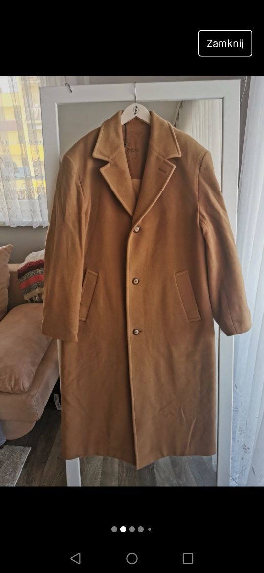 Brązowy płaszcz klasyczny długi 52 wełna kaszmir camel coat wool cashm