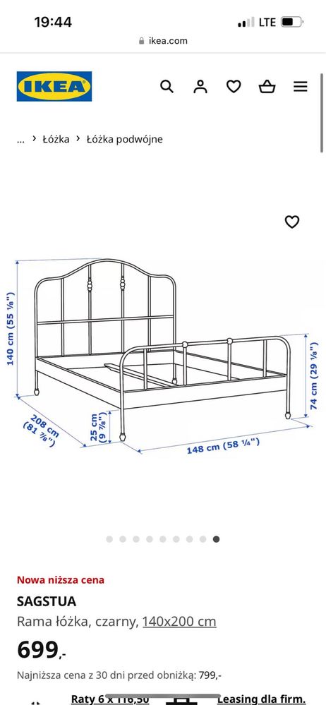 Łóżko zestaw IKEA (rama, stelaż, materac) 200x140cm