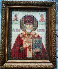 Икона св. Николай Чудотворец, вышитая чешским бисером