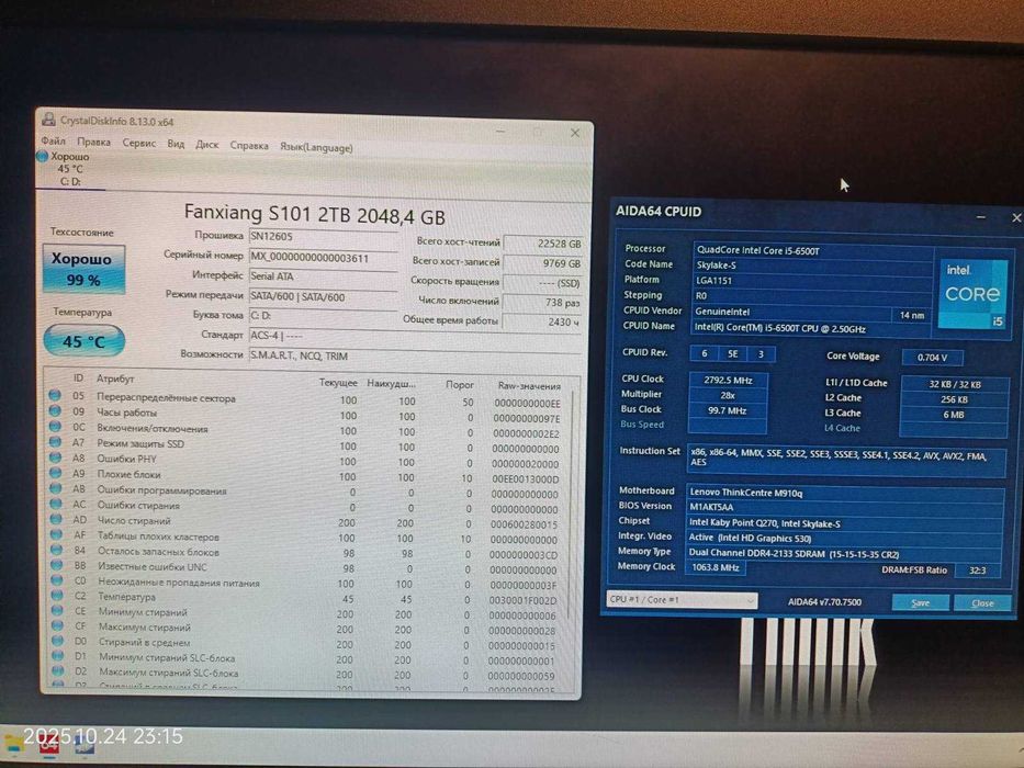 Lenovo ThinkCentre M910q Tiny (Core i5 6500T/RAM 16GB DDR4/SSD 2Tb)