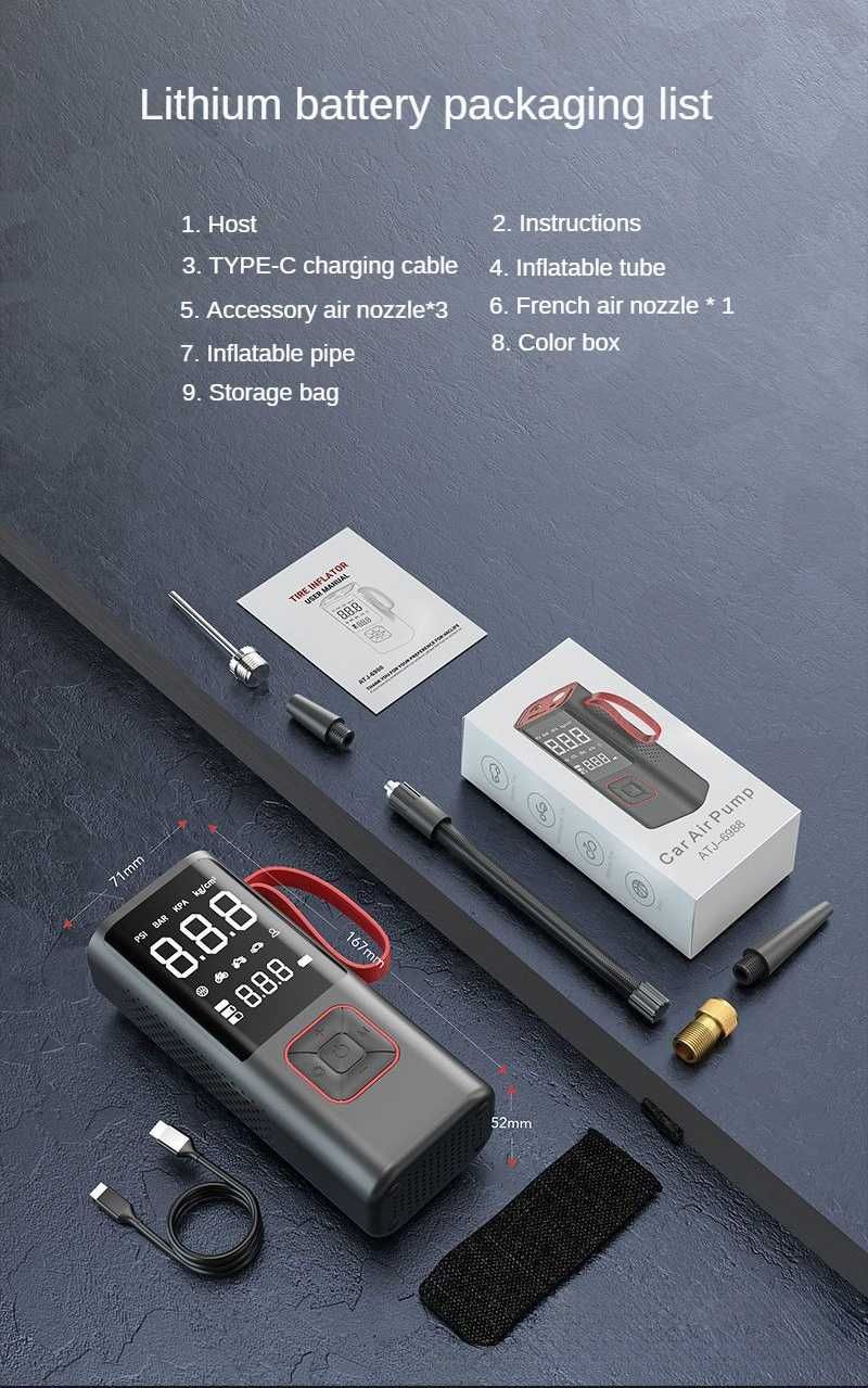 Компрессор автомобильный насос, велонасос 6000mAh + 12V