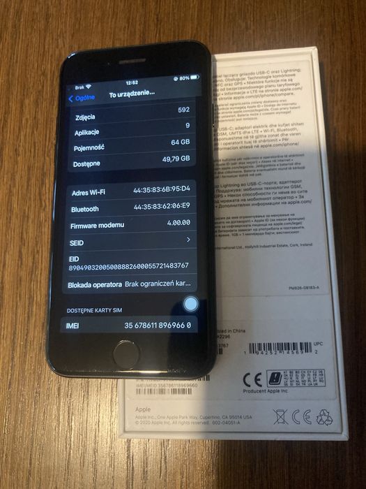 iPhone SE 2020 black NOWA bateria ładowarka szkło hartowane etui 64 GB