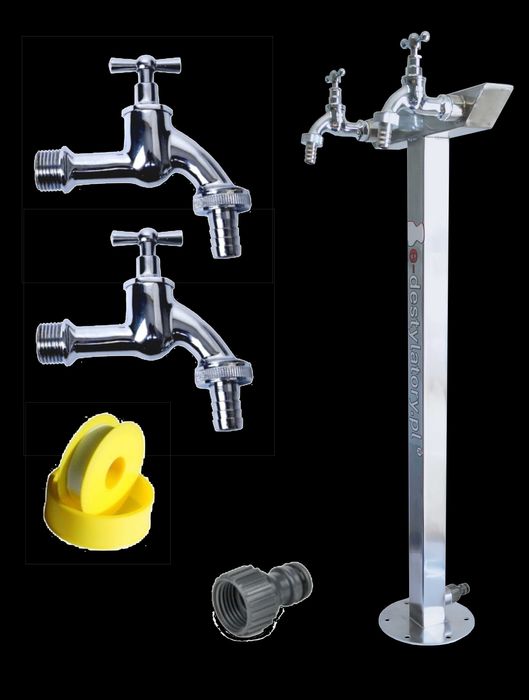 Hydrant Ogrodowy 70cm dwa krany INOX "Kwadrat skośny" - boczny dopływ