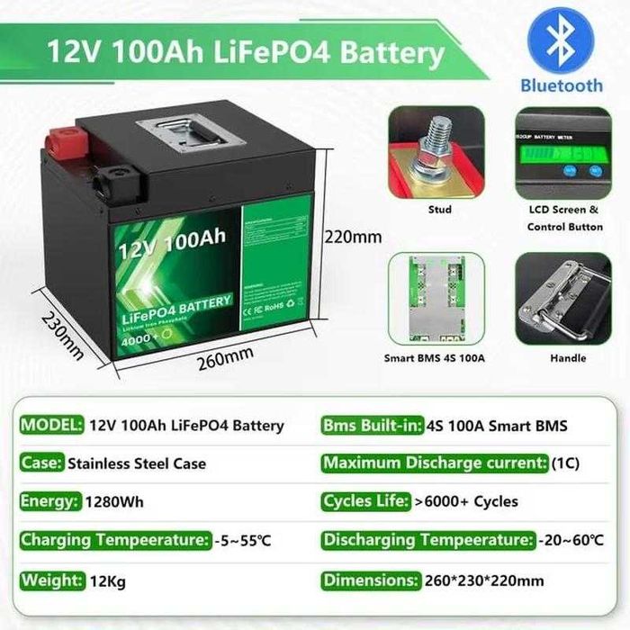 Аккумулятор LiFePo4 12V 100Ah с Bluetooth 1280 Wh